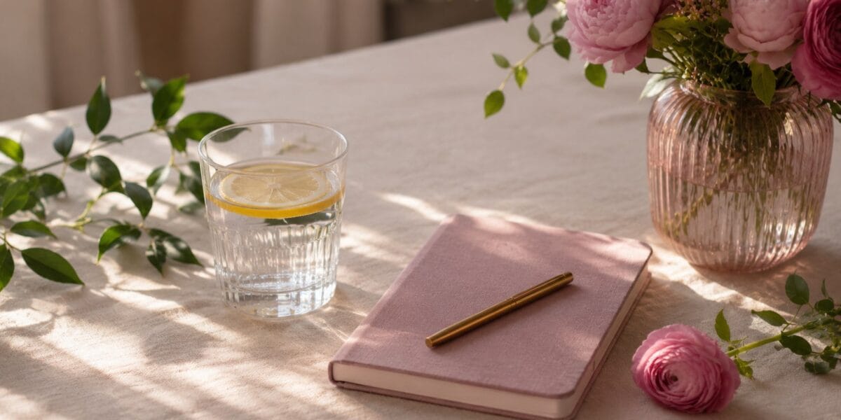 Szklanka wody z cytryną, notes i kwiaty na stole