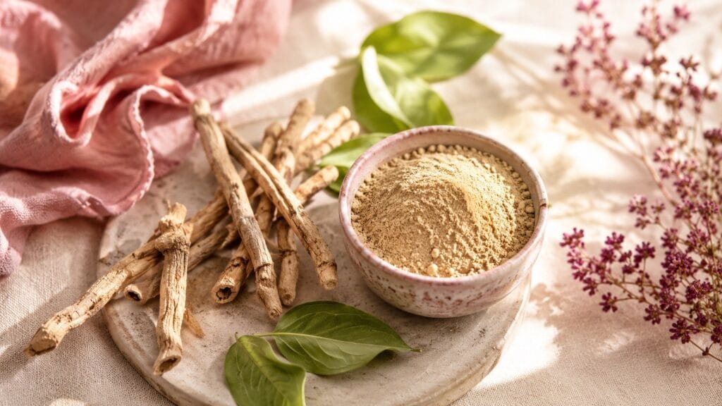 Korzenie i proszek ashwagandhy w stylizacji editorial, naturalny suplement dla kobiet