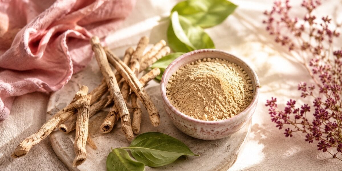 Korzenie i proszek ashwagandhy w stylizacji editorial, naturalny suplement dla kobiet