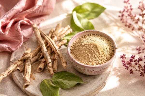 Korzenie i proszek ashwagandhy w stylizacji editorial, naturalny suplement dla kobiet